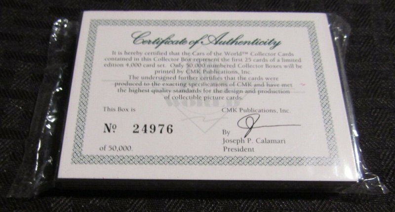 1992 CARS OF THE WORLD Trading Card SEALED SET of 25 w/ COA CMK