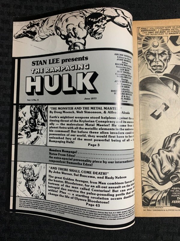 1977 RAMPAGING HULK Marvel Magazine #3 VG/FN 5.0 Walt Simonson / Metal Master