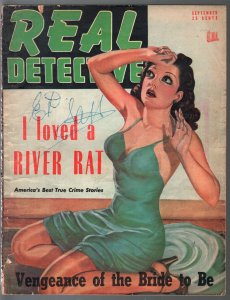 Real Detective-9/1947-violent-lurid pulp thrills-pin-up girl socking cover-G/VG