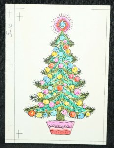 Original Christmas Greeting Card Art - 1971 X-Mas Tree Pink Red Blue Yellow Star