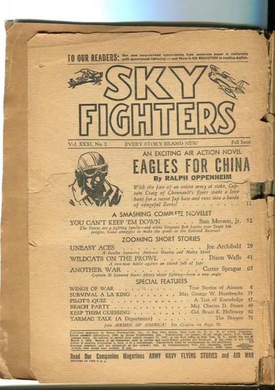 SKY FIGHTERS FALL 1944-AIR WAR PULP-THRILLS-WWII-COVERLESS-fr