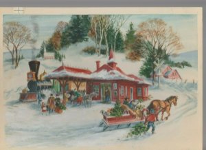 1977 CABIN RAILROAD WINTER SCENE 11.5x8 #GG1 Christmas Greeting Card Art