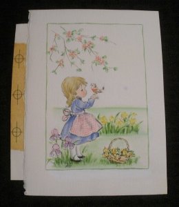 EVERYONE'S SORRY Cute Girl w/ Bird & Flowers 5x7 Greeting Card Art #C9251