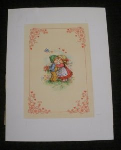 VALENTINE Cute Boy & Girl w/ Flowers Hearts Bird 8x10.5 Greeting Card Art #275