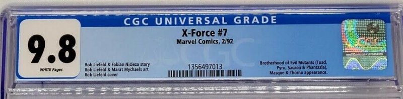 X-Force #7 Marvel 1992 CGC 9.8 Rob Liefeld Cable Cover  X-Men Top Census Grade