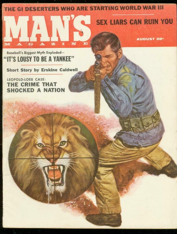 MAN'S MAGAZINE AUG 1957-LION COVER-ERSKINE CALDWELL FN