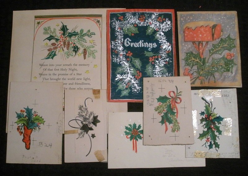 CHRISTMAS Holly Poinsettia Pine Cones Stocking 8pcs 7.5x9 Greeting Card Art LOT