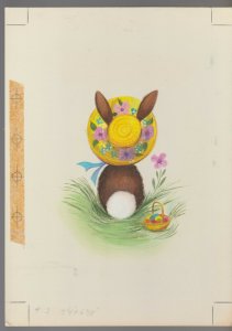 EASTER Rear View Bunny Tail w/ Hat & Egg Basket 8x11 Greeting Card Art #E2431