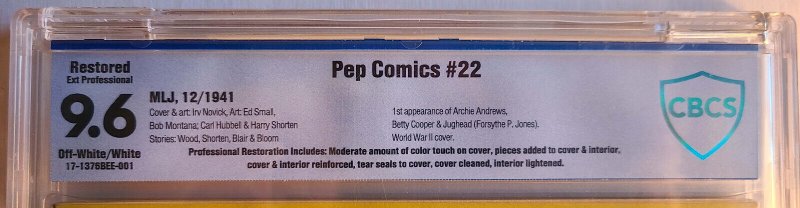 Pep Comics #22 CBCS 9.6 (R) 1st Appearance of Archie, Betty & Jughead; Hangman