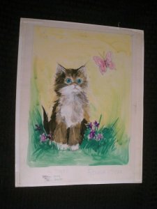 LARGE KITTEN & Butterfly 2pcs 11.5x14.5 Greeting Card Art #C5004 w/ Rough