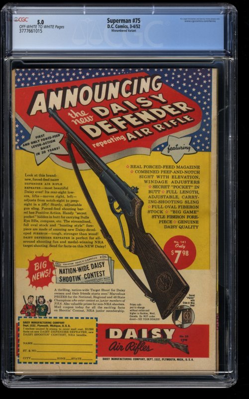 Superman #75 CGC VG/FN 5.0 Off White to White Misnumbered Variant!