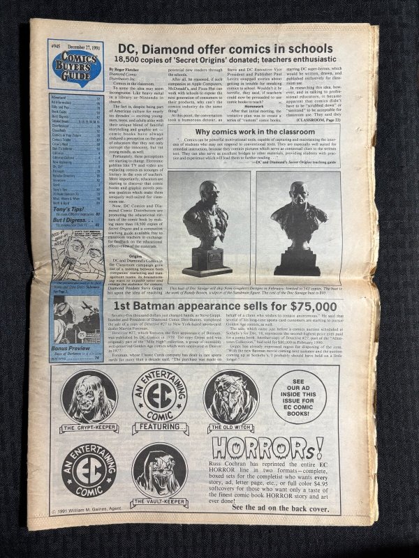 1991 COMICS BUYERS GUIDE Newspaper #945 VG 4.0 Dark Shadows / 1st Batman Appeara