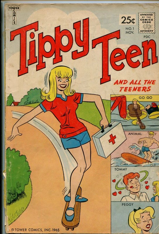 TIPPY TEEN #1 1965-TOWER-1ST ISSUE-SKATE BOARD COVER-good 