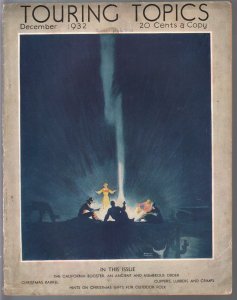 Touring Topics 12/1932-camp fire cover-Robert Freeman-CA travel-auto ads-VG