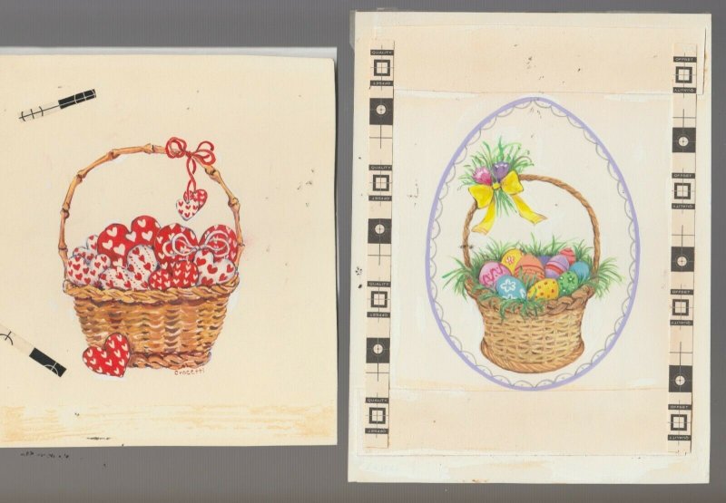 EASTER & VALENTINES Eggs in Baskets 6x7.5 Greeting Card Art #E2334 V3209
