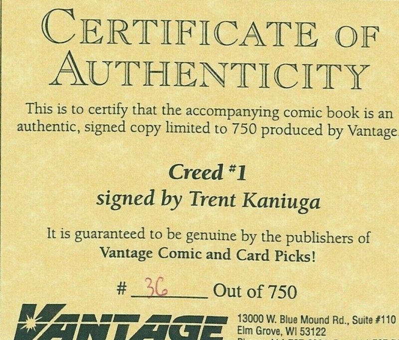 CREED #1 SIGNED BY TRENT KANIUGA LIGHTNING COMICS 1995 EB204