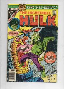 HULK #6 King Size, VG-, Bruce Banner, Incredible, Warlock, Dr Strange, 1977