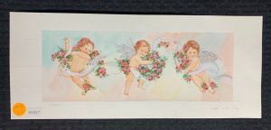 NOTE CUBE 3-Panel Angels w/ Red Roses 14.5x6 Greeting Card Art #15027