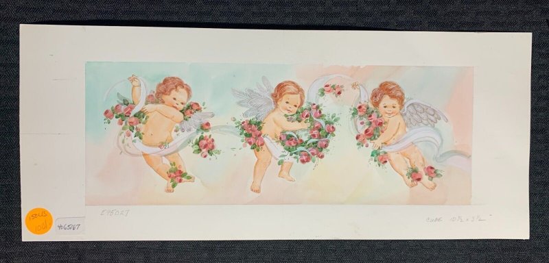 NOTE CUBE 3-Panel Angels w/ Red Roses 14.5x6 Greeting Card Art #15027