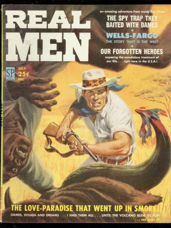 REAL MEN JULY 1958-WILD SAFARI COVER-WELLS FARGO-SNAKES FN/VF