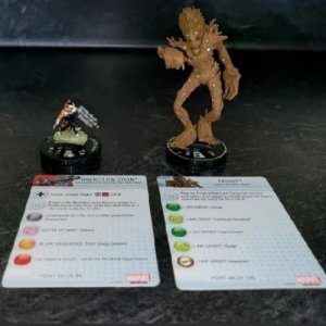 Heroclix Guardians of Galaxy set Groot #051 & Rocket Raccoon Super Rare W/ Cards