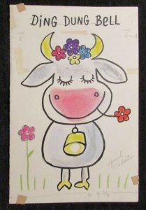 DING DUNG BELL Cartoon Cow w/ Flower & Bell 5.5x8.5 Greeting Card Art #3888
