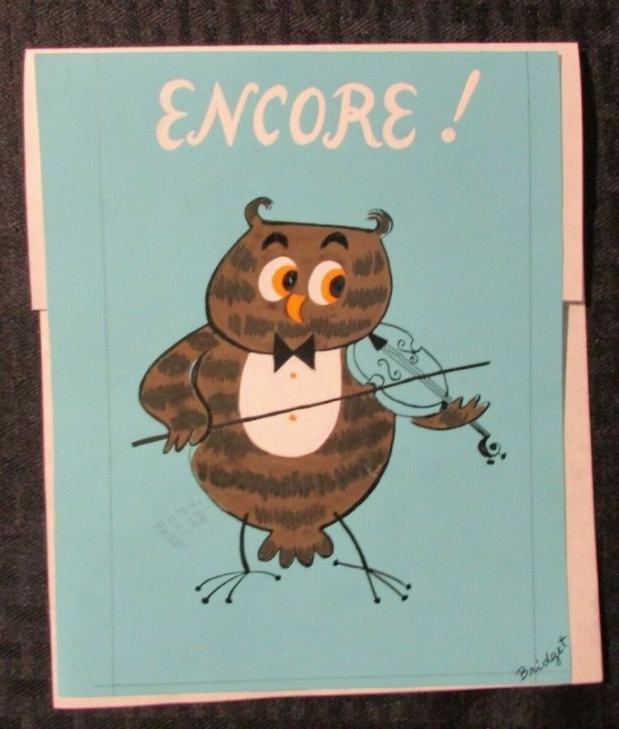 OWL PLAYING VIOLIN ENCORE! 6.5x8 #8835 Happy Birthday Greeting Card Art