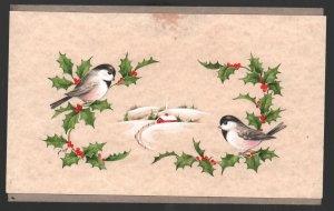 Two Birds Snowy Landscape Holly #720 Christmas Greeting Card Painted Art