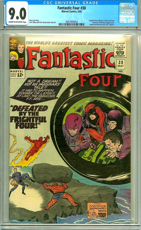 Fantastic Four 38 (CGC 9.0) C-O/W pages; Frightful Four; Kirby; 1965