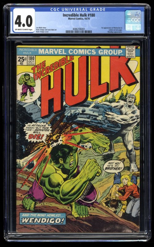 Incredible Hulk #180 CGC VG 4.0 1st Cameo Appearance Wolverine!