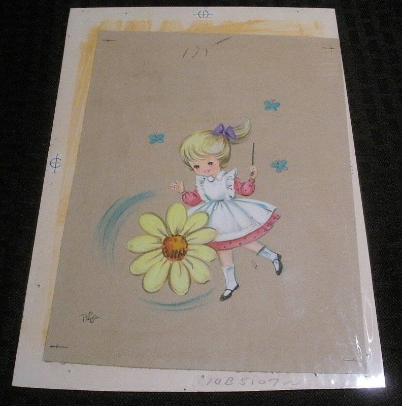 CUTE GIRL w/ Batton & Yellow Flower 7x10 Greeting Card Art #5107