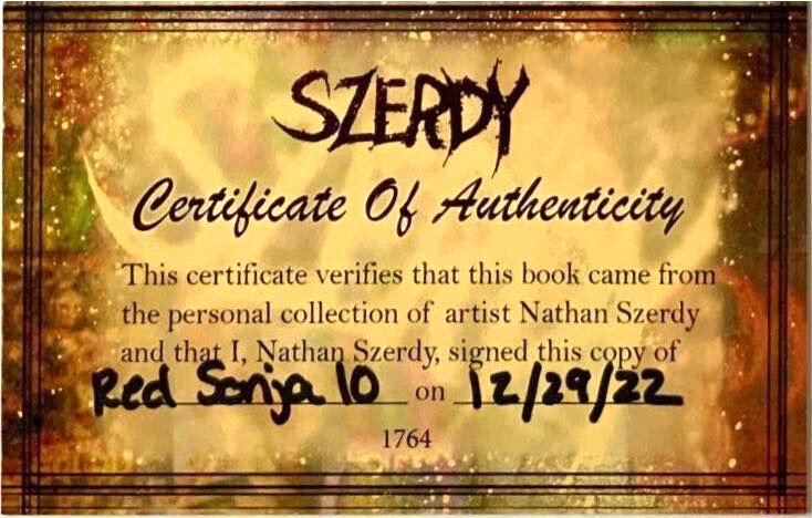 RED SONJA #10 NATHAN SZERDY VIRGIN VARIANT SIGNED.W/COA