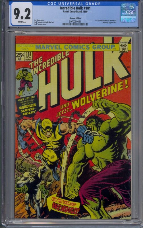 INCREDIBLE HULK #181 CGC 9.2 GERMAN EDITION 1ST WOLVERINE  