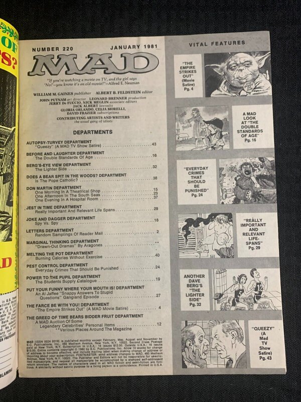 1981 MAD Magazine #220 FN 6.0 Star Wars the Empire Strikes Back Parody
