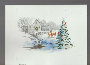 CHRISTMAS House with Water Wheel & Deer 2pcs 11x8.5 Greeting Card Art #8050