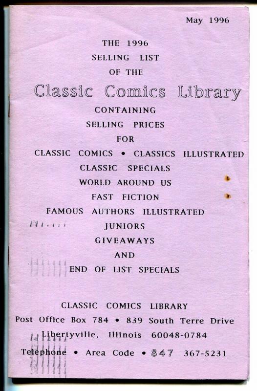 Classic Comics Library Sales List 5/1996-Classics Illustrated-Gilberton Pub-VG