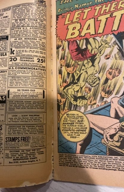 Tales to Astonish #100 (1968) hulk vs namor. 1 inch spine split bottom