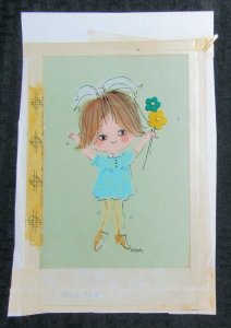 MOTHERS DAY Cute Girl with Blue Dress Pink Flower 7x10 Greeting Card Art #7618