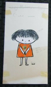 MOTHERS DAY Cartoon Girl in Orange Dress w/ Flower 4x7 Greeting Card Art #MD610