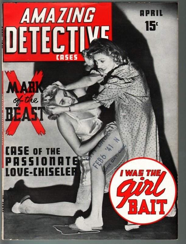 AMAZING DETECTIVE CASES PULP-APR 1941-GIRL FIGHT COVER-JOE SIMON-VF CONDI VF