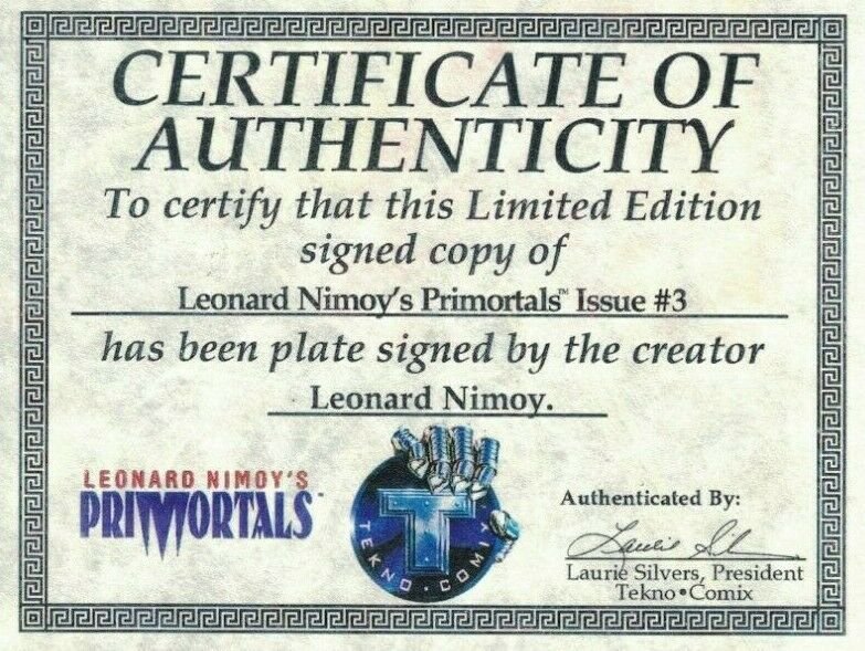 Primortals #3 VF plate signed by Leonard Nimoy - limited w/COA - Tekno Comix