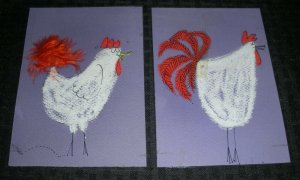 HAPPY BIRTHDAY White & Red Roosters 2pcs 5x7 Greeting Card Art #649 658