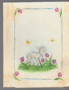 HAPPY EASTER White Lamb w/ Butterflies & Flowers 6x7.25 Greeting Card Art #E2236