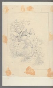 PENCIL ROUGH Cute Bunny Rabbit w/ Butterfly 5x7.5 Greeting Card Art #nn