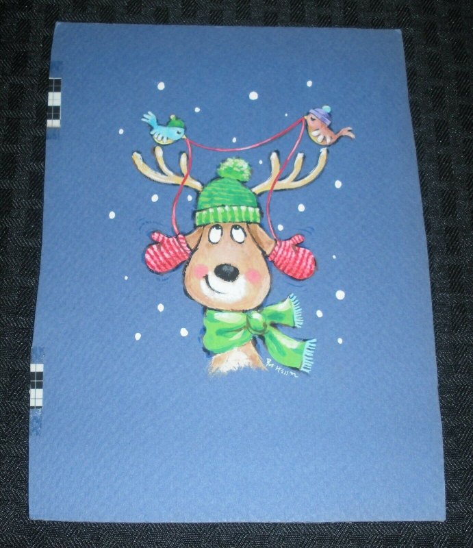 CHRISTMAS Painted Cartoon Deer w/ ANtlers Birds 6x8 Greeting Card Art #424