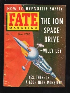 Fate 6/1958-Clark-Ion Space Drive by Willy Lee-Rocket cover art-Loch Ness Mon...