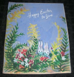 HAPPY EASTER TO YOU Painted Bunnies in Flowerpatch 4.5x5.5 Greeting Card Art #nn