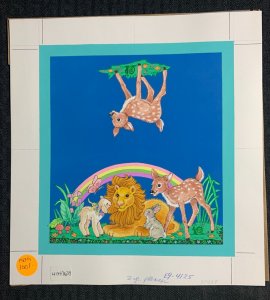 FRIENDSHIP IS A RAINBOW Lion w/ Rabbit Lamb Doe 9x9.5 Greeting Card Art #4125