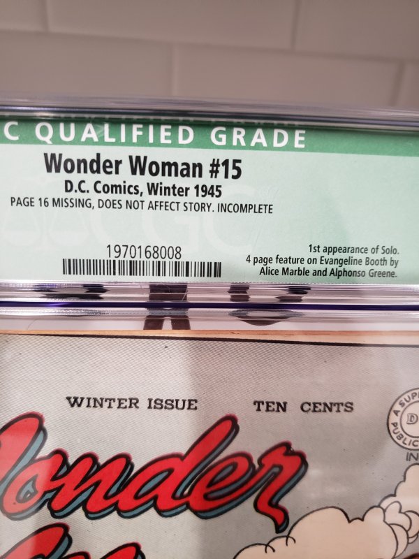 Wonder Woman 15 CGC 9.2 1st appearance of Solo. Green Qualified label