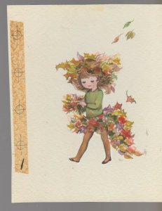 BIRTHDAY Cute Girl w/ Dress Made of Leaves 6x7.25 Greeting Card Art #B1164